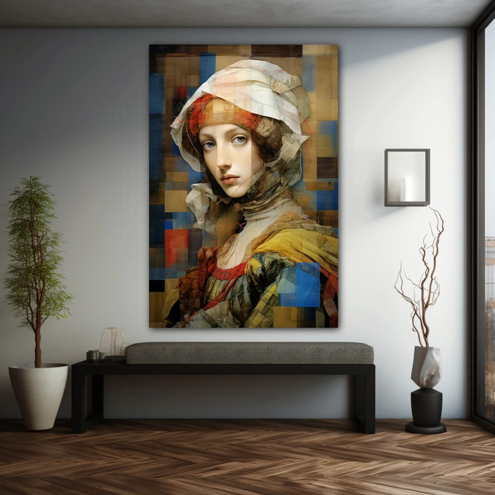Cuadro dama del renacimiento moderno en formato vertical con colores amarillo, blanco, pastel; decorando pared gris