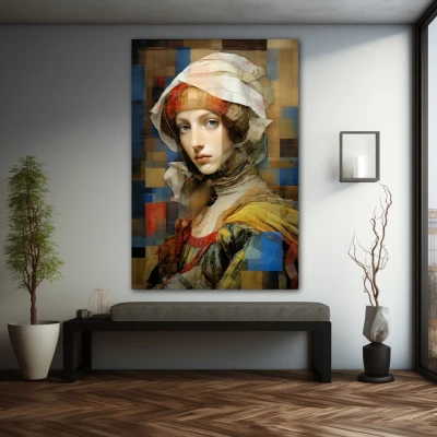Cuadro dama del renacimiento moderno en formato vertical con colores amarillo, blanco, pastel; decorando pared gris