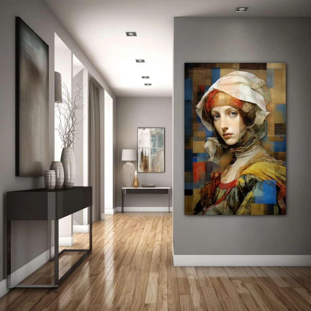 Wall Art titled: Lady of the Modern Renaissance in a Vertical format with: Yellow, white, and Pastel Colors; Decoration the Hallway wall