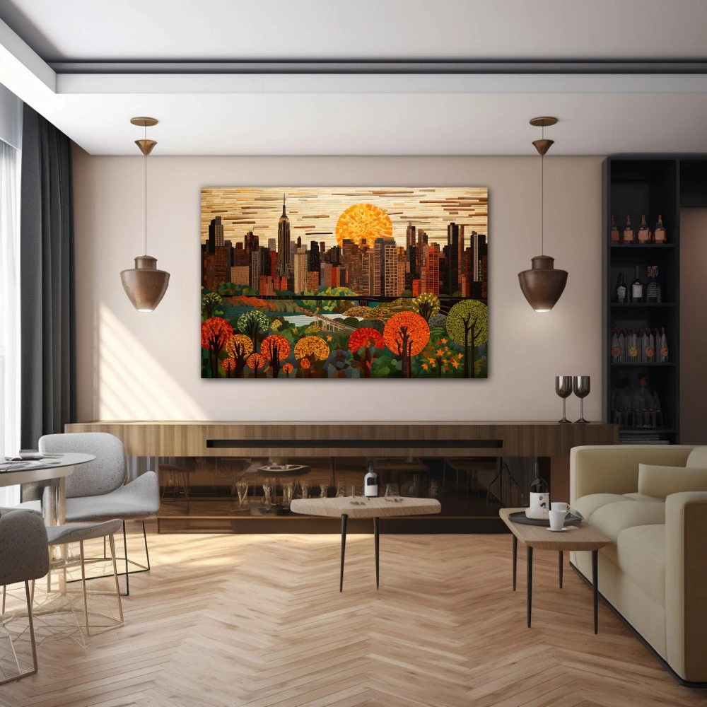 Wall Art titled: Sunset in the Big Apple in a Horizontal format with: Brown, Orange, and Green Colors; Decoration the Bar wall