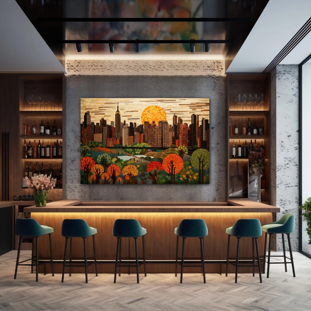 Wall Art titled: Sunset in the Big Apple in a Horizontal format with: Brown, Orange, and Green Colors; Decoration the Bar wall