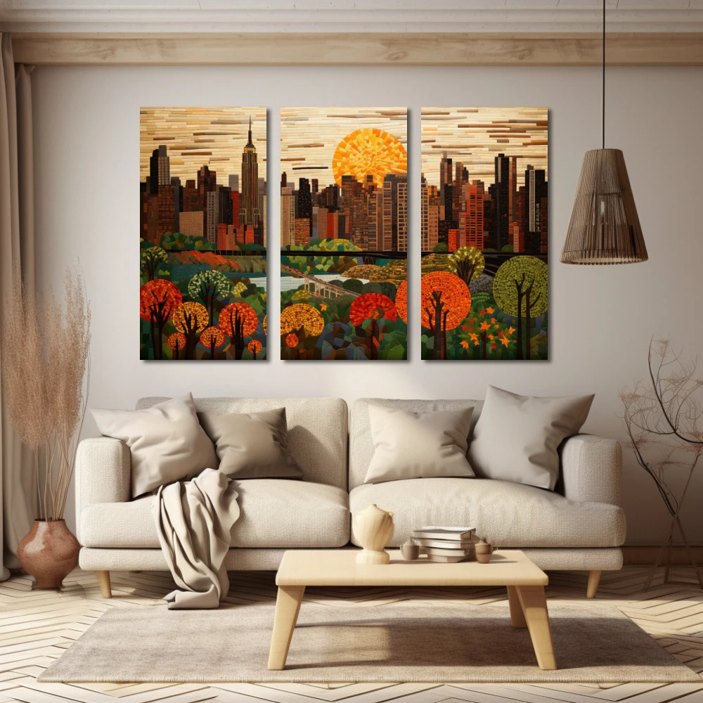 Wall Art titled: Sunset in the Big Apple in a Horizontal format with: Brown, Orange, and Green Colors; Decoration the Beige Wall wall