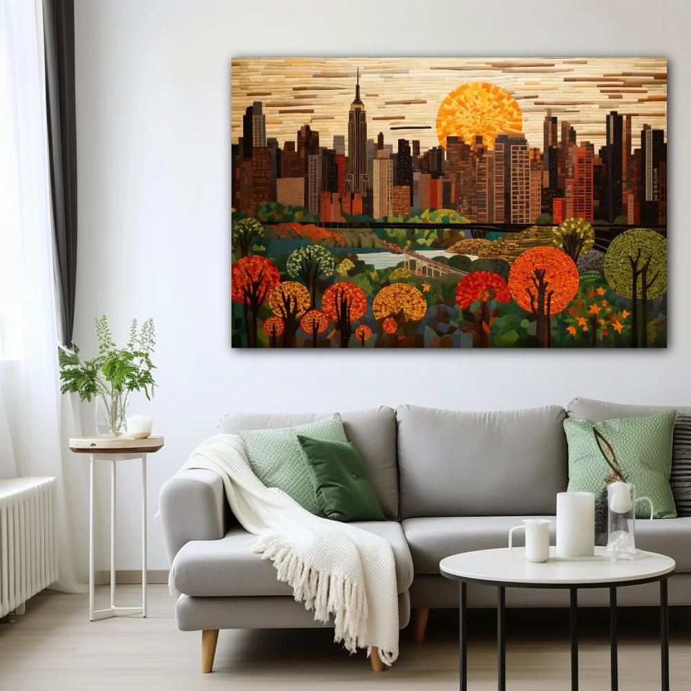 Wall Art titled: Sunset in the Big Apple in a Horizontal format with: Brown, Orange, and Green Colors; Decoration the White Wall wall