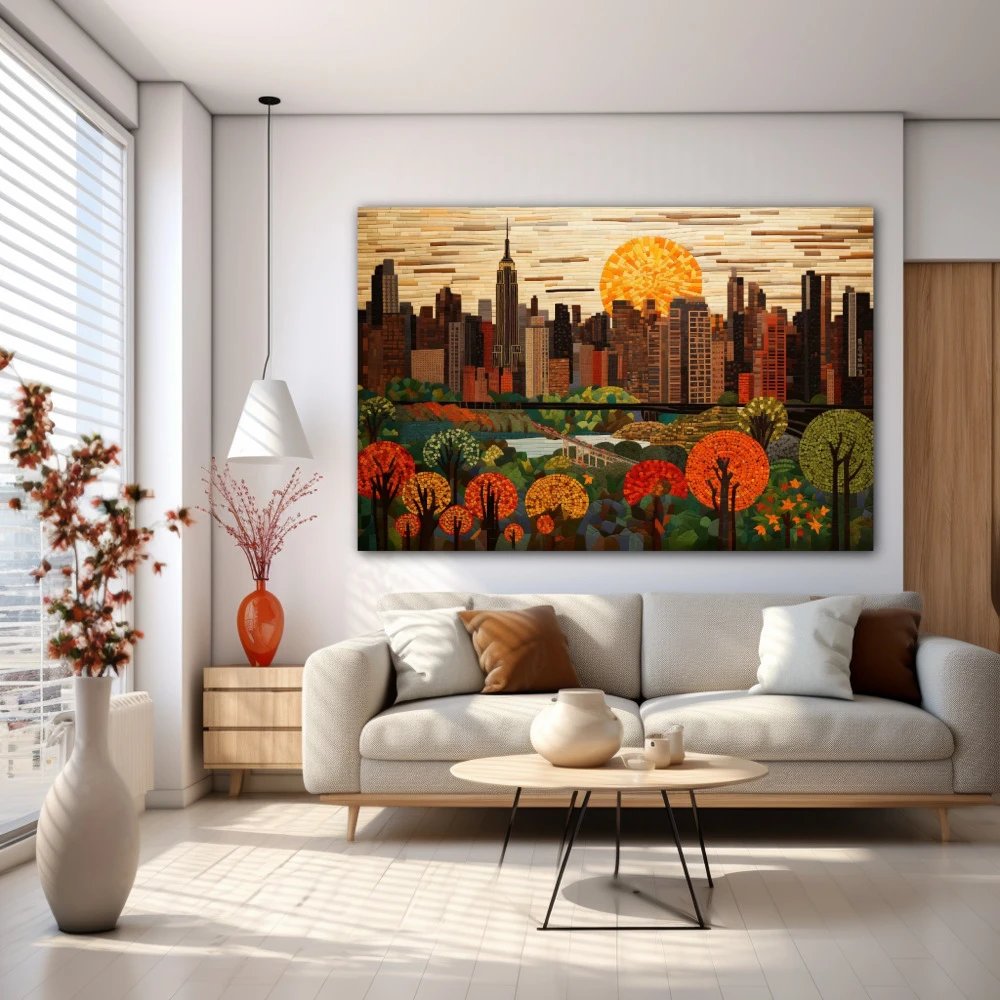 Cuadro atardecer en la gran manzana en formato horizontal con colores marrón, naranja, verde; decorando pared blanca
