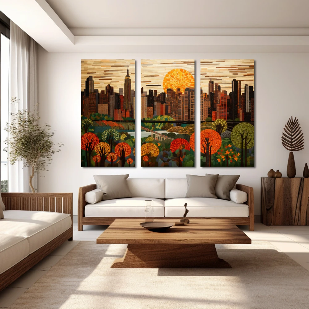 Wall Art titled: Sunset in the Big Apple in a Horizontal format with: Brown, Orange, and Green Colors; Decoration the White Wall wall