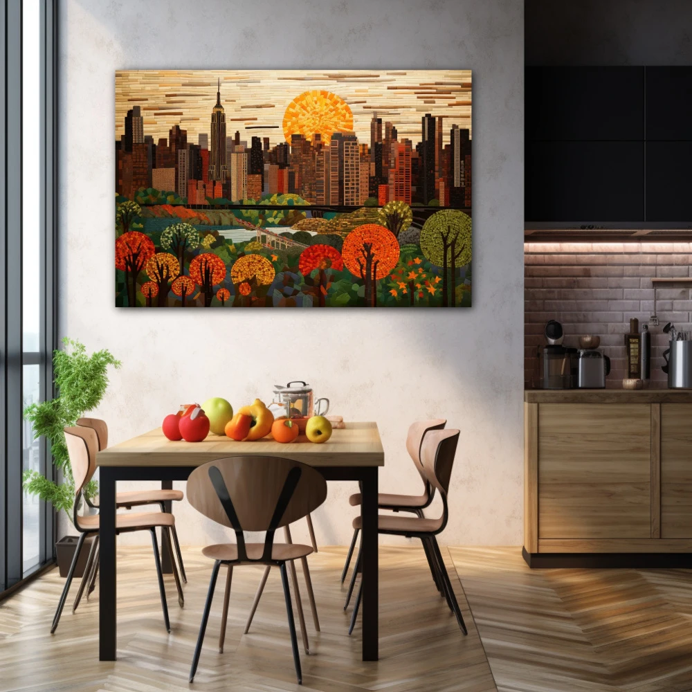 Wall Art titled: Sunset in the Big Apple in a Horizontal format with: Brown, Orange, and Green Colors; Decoration the Kitchen wall