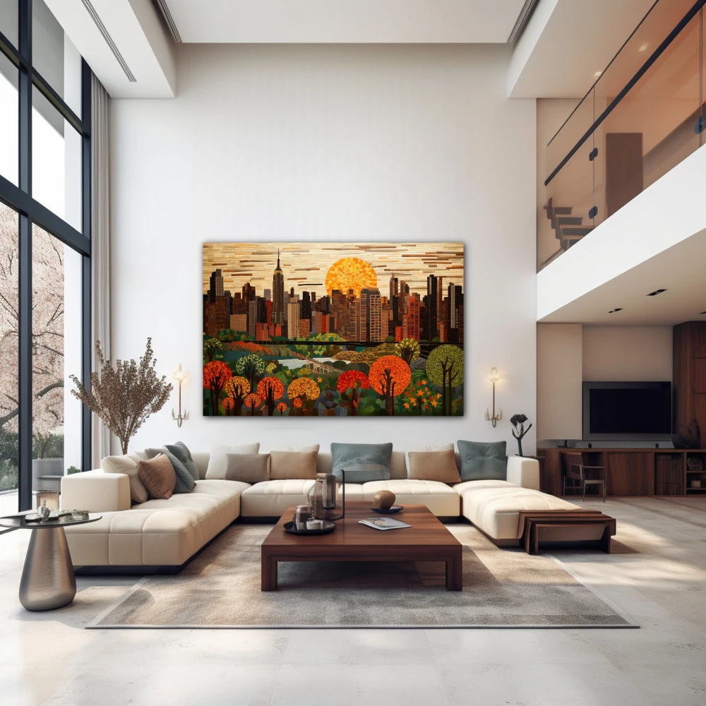 Wall Art titled: Sunset in the Big Apple in a Horizontal format with: Brown, Orange, and Green Colors; Decoration the Above Couch wall