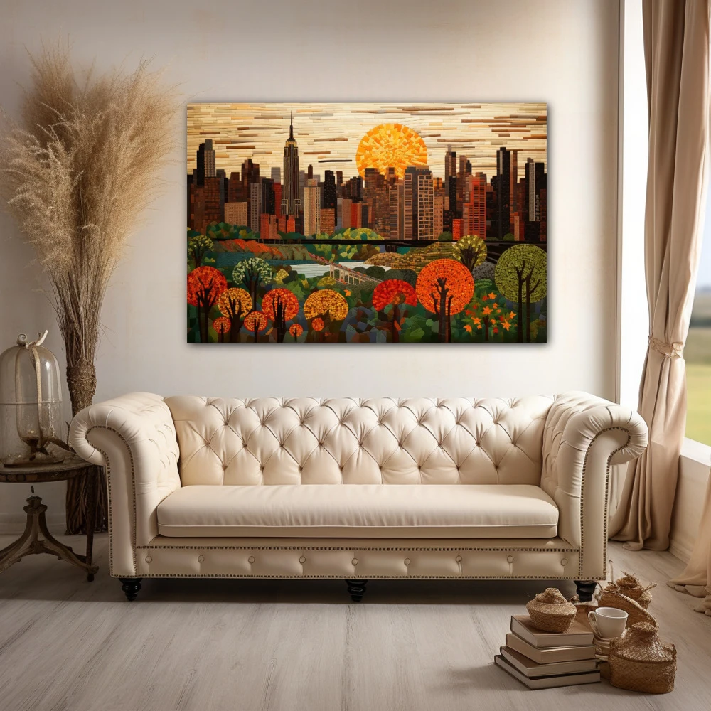 Wall Art titled: Sunset in the Big Apple in a Horizontal format with: Brown, Orange, and Green Colors; Decoration the Above Couch wall