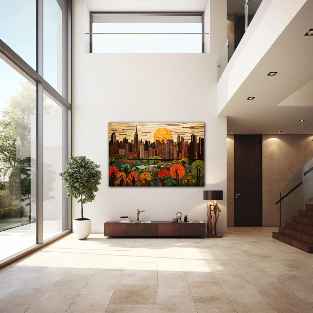 Wall Art titled: Sunset in the Big Apple in a Horizontal format with: Brown, Orange, and Green Colors; Decoration the Entryway wall