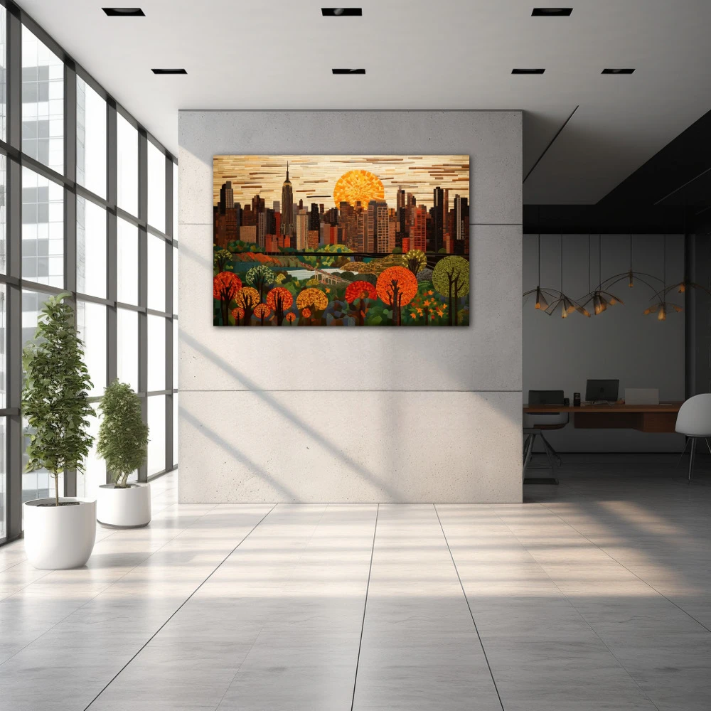 Wall Art titled: Sunset in the Big Apple in a Horizontal format with: Brown, Orange, and Green Colors; Decoration the Inmobiliaria wall