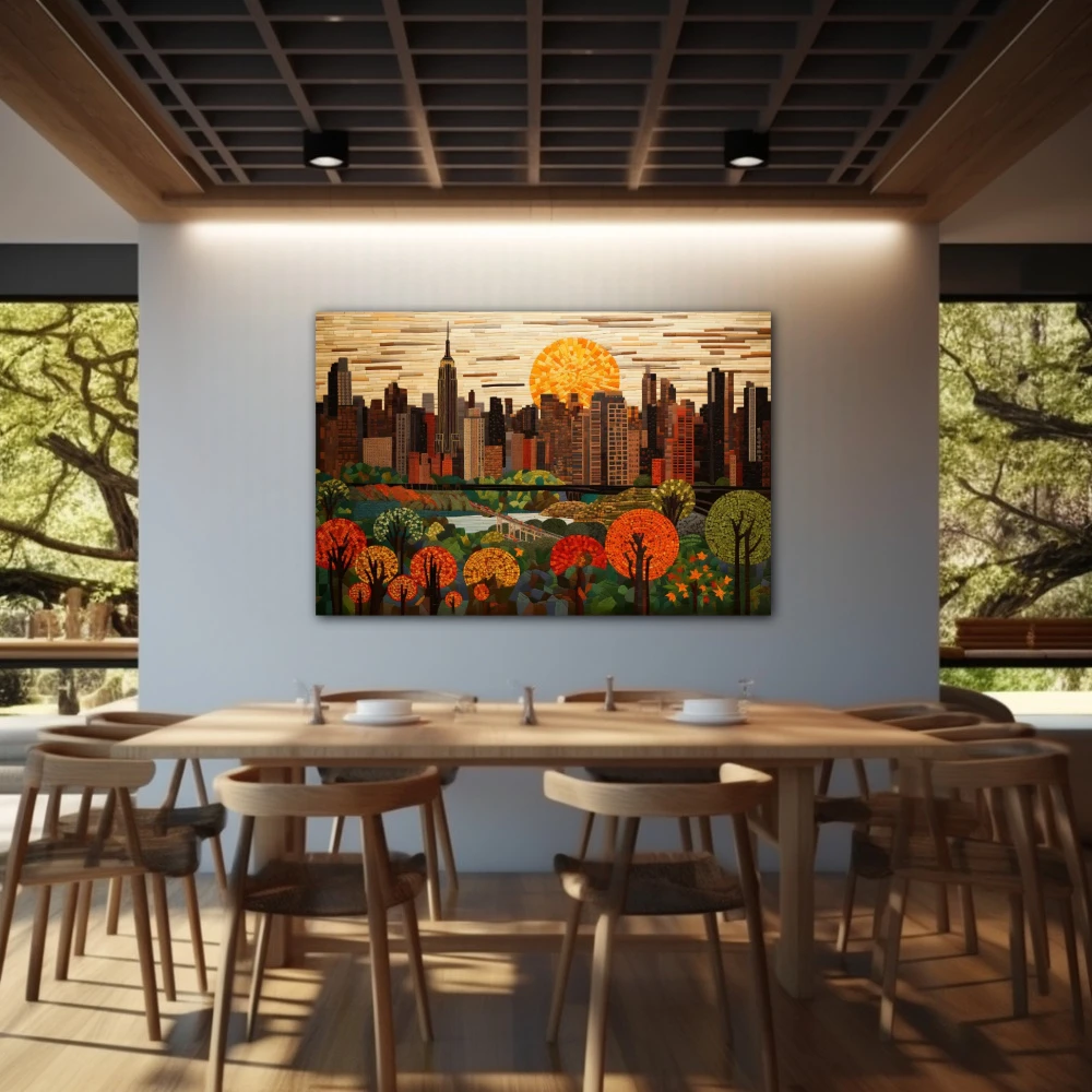 Wall Art titled: Sunset in the Big Apple in a Horizontal format with: Brown, Orange, and Green Colors; Decoration the Restaurant wall