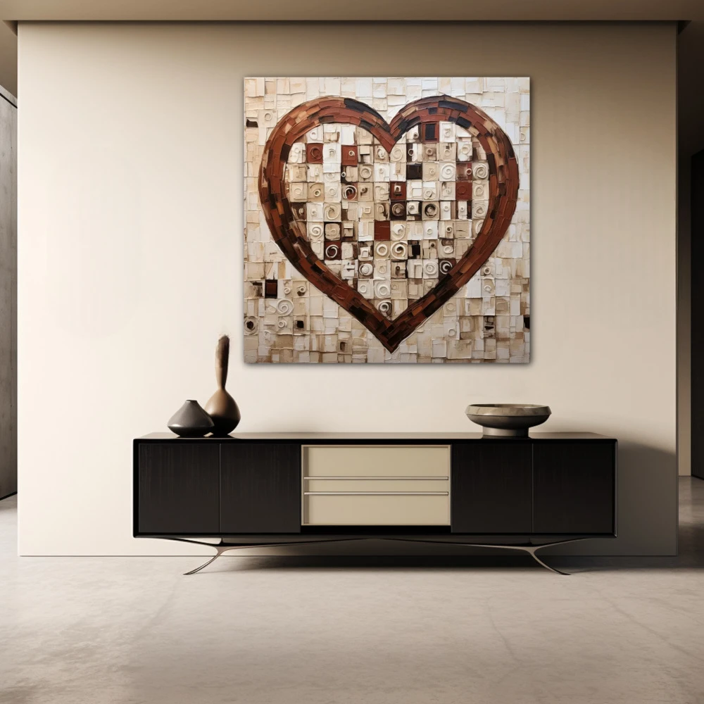 Wall Art titled: Heart Squared in a Square format with: Brown, and Beige Colors; Decoration the Sideboard wall