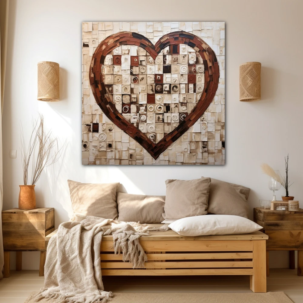 Wall Art titled: Heart Squared in a Square format with: Brown, and Beige Colors; Decoration the Beige Wall wall