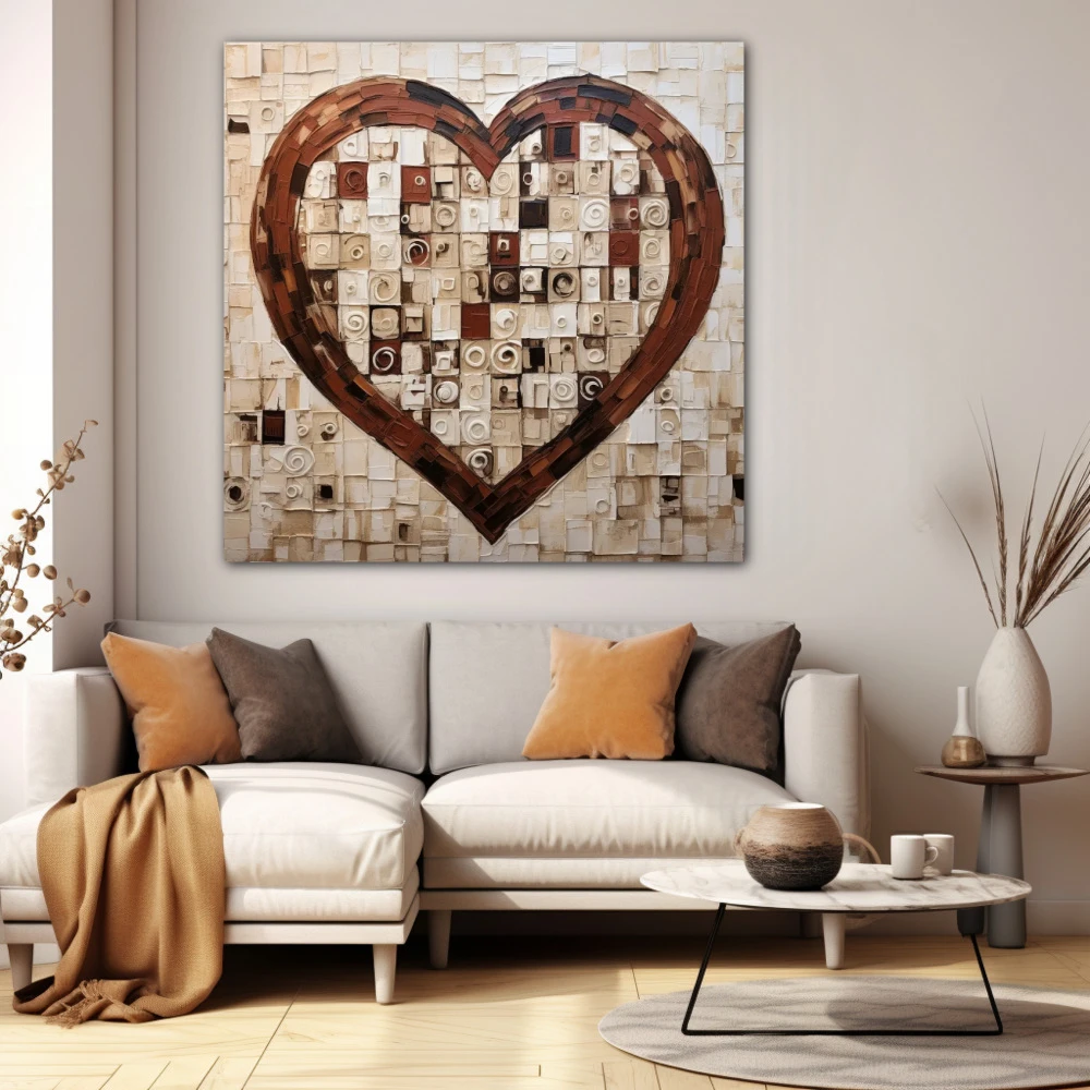 Wall Art titled: Heart Squared in a Square format with: Brown, and Beige Colors; Decoration the White Wall wall