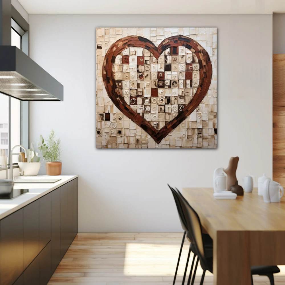 Wall Art titled: Heart Squared in a Square format with: Brown, and Beige Colors; Decoration the Kitchen wall