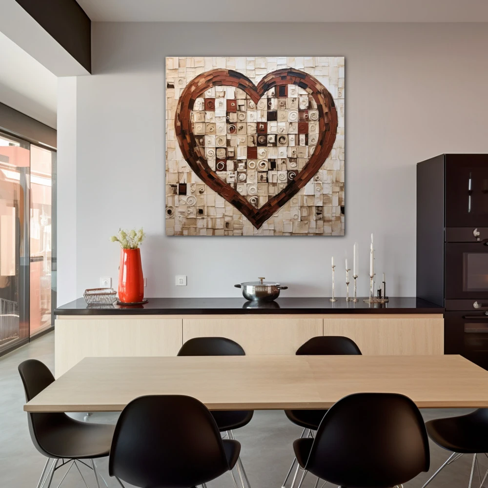 Wall Art titled: Heart Squared in a Square format with: Brown, and Beige Colors; Decoration the Kitchen wall