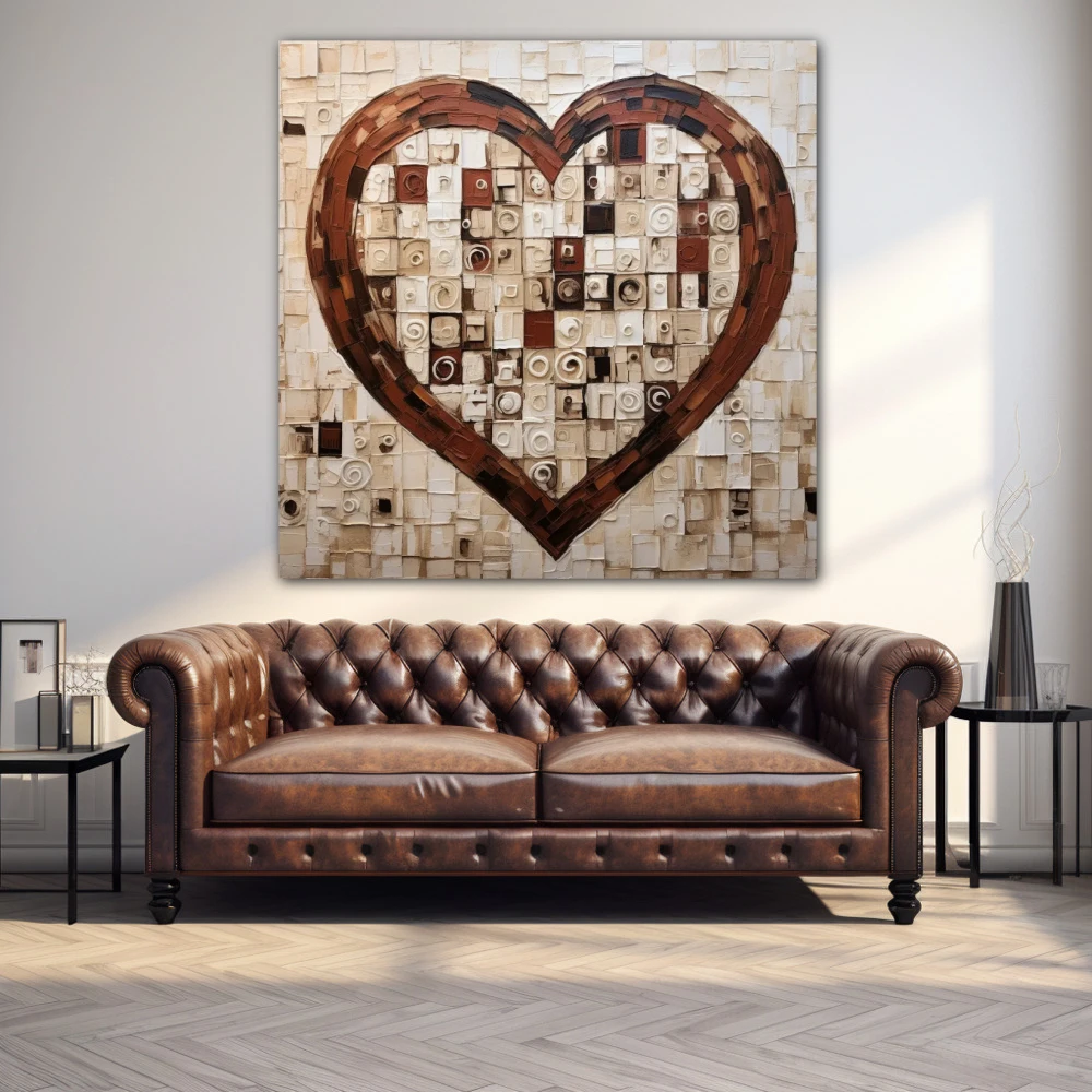 Wall Art titled: Heart Squared in a Square format with: Brown, and Beige Colors; Decoration the Above Couch wall