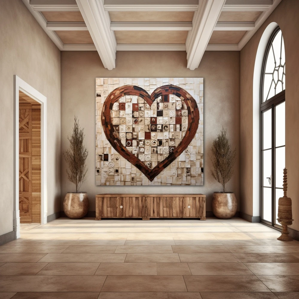 Wall Art titled: Heart Squared in a Square format with: Brown, and Beige Colors; Decoration the Entryway wall