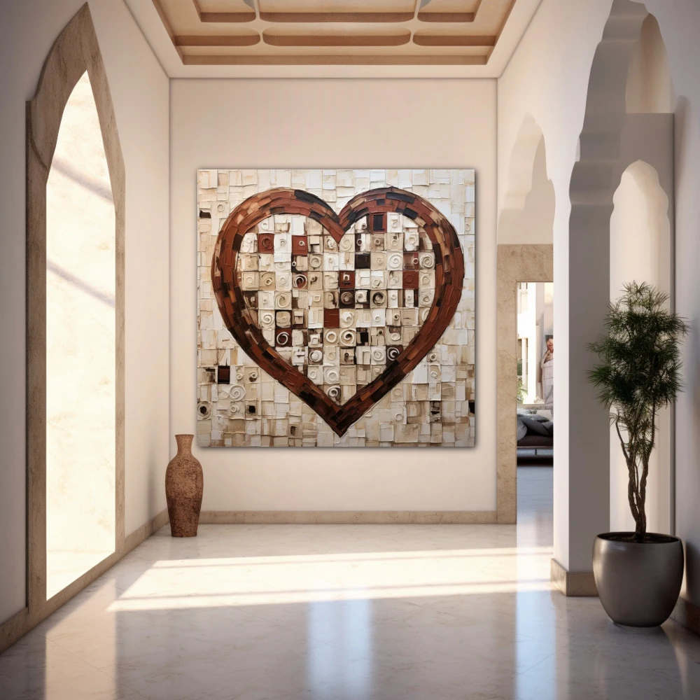 Wall Art titled: Heart Squared in a Square format with: Brown, and Beige Colors; Decoration the Entryway wall