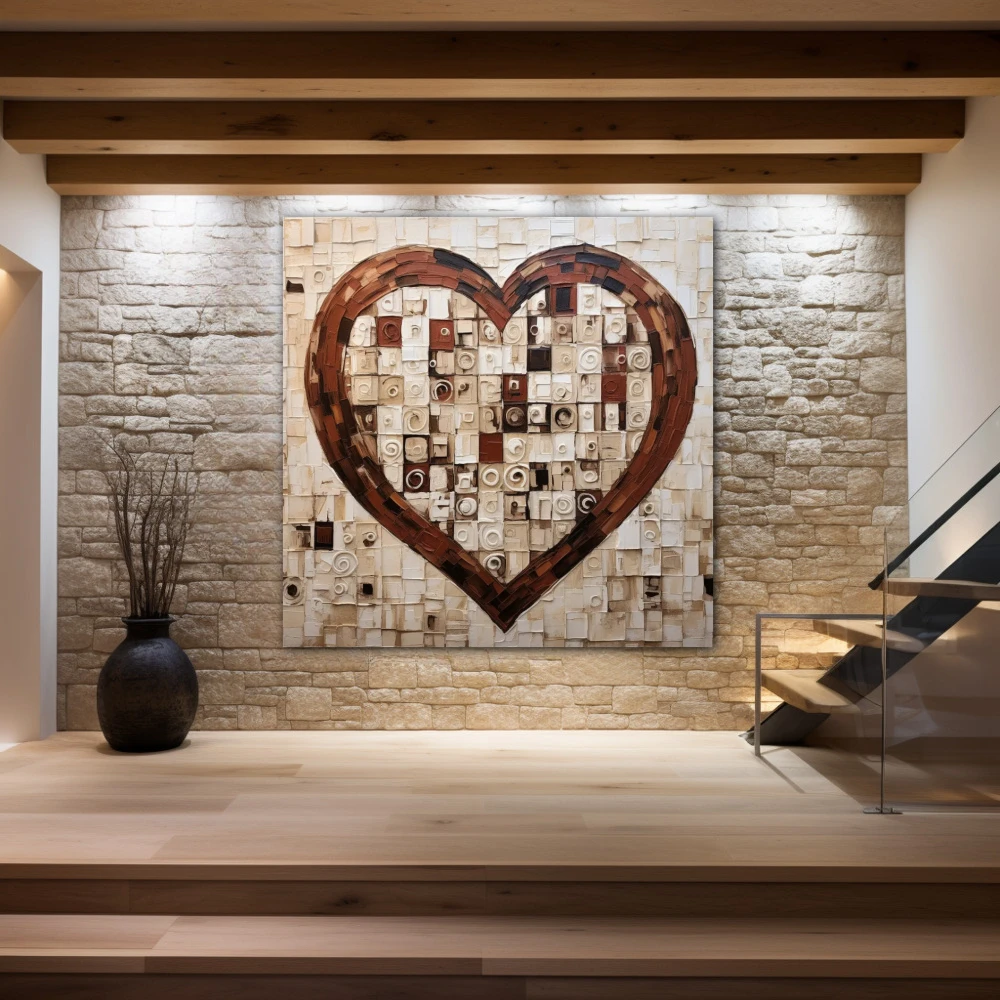 Wall Art titled: Heart Squared in a Square format with: Brown, and Beige Colors; Decoration the Stone Walls wall