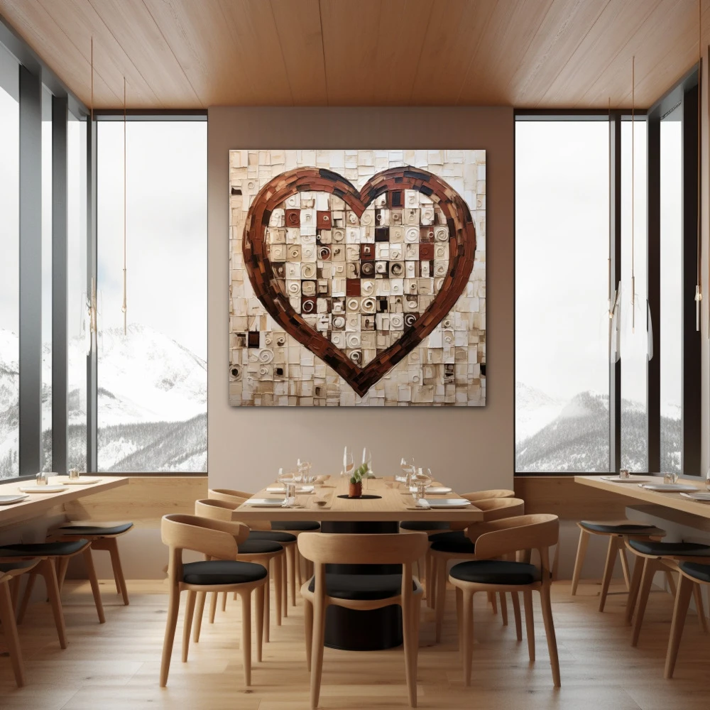 Wall Art titled: Heart Squared in a Square format with: Brown, and Beige Colors; Decoration the Restaurant wall