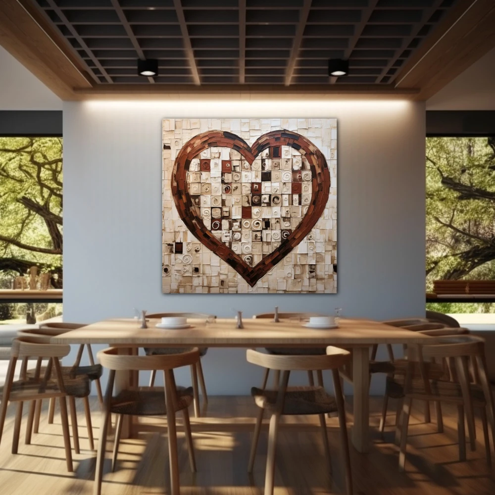 Wall Art titled: Heart Squared in a Square format with: Brown, and Beige Colors; Decoration the Restaurant wall