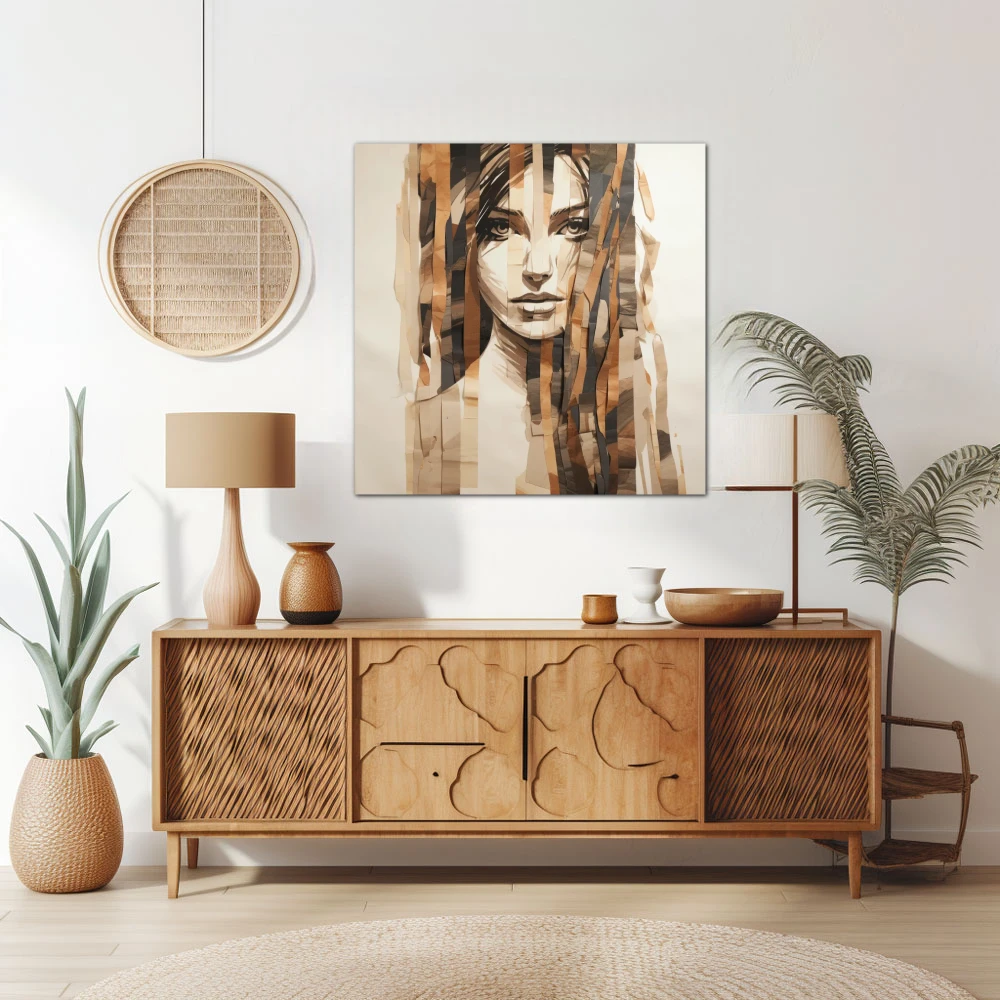 Wall Art titled: Woman's Fragments in a Square format with: Brown, and Beige Colors; Decoration the Sideboard wall