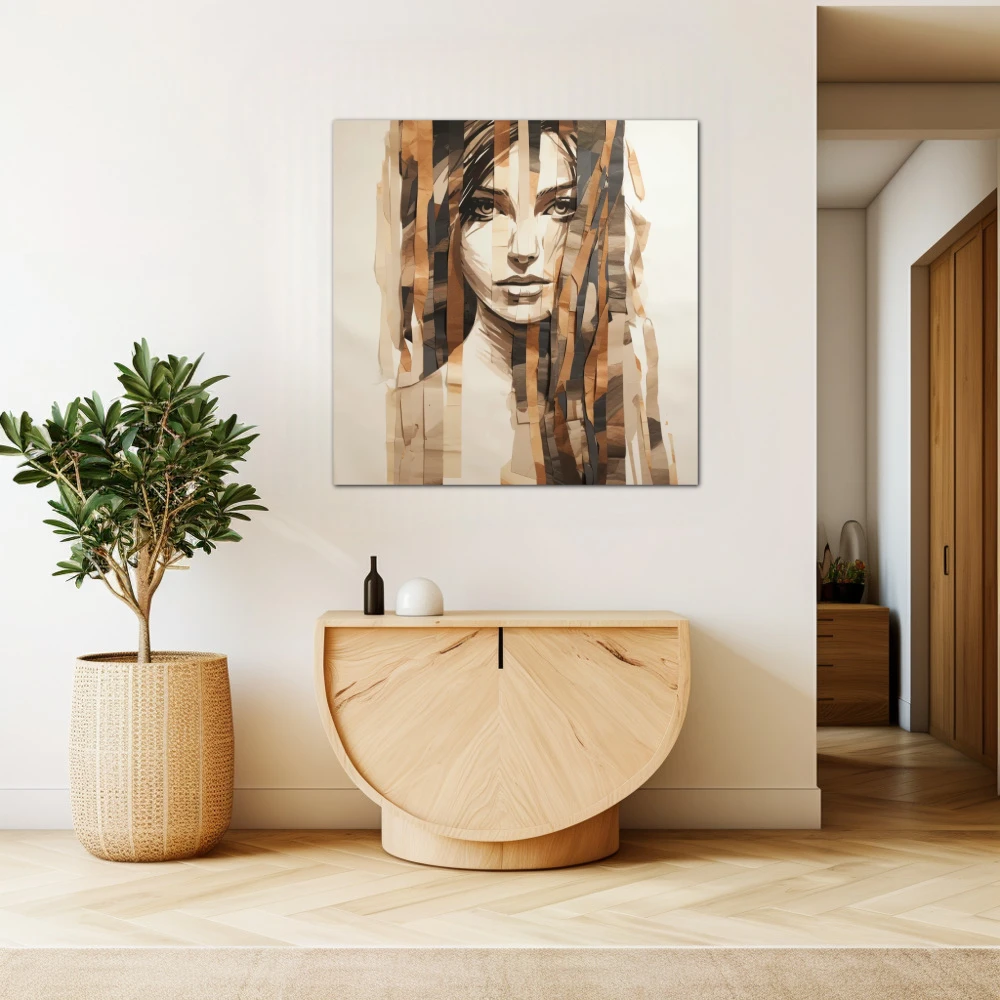 Wall Art titled: Woman's Fragments in a Square format with: Brown, and Beige Colors; Decoration the Beige Wall wall