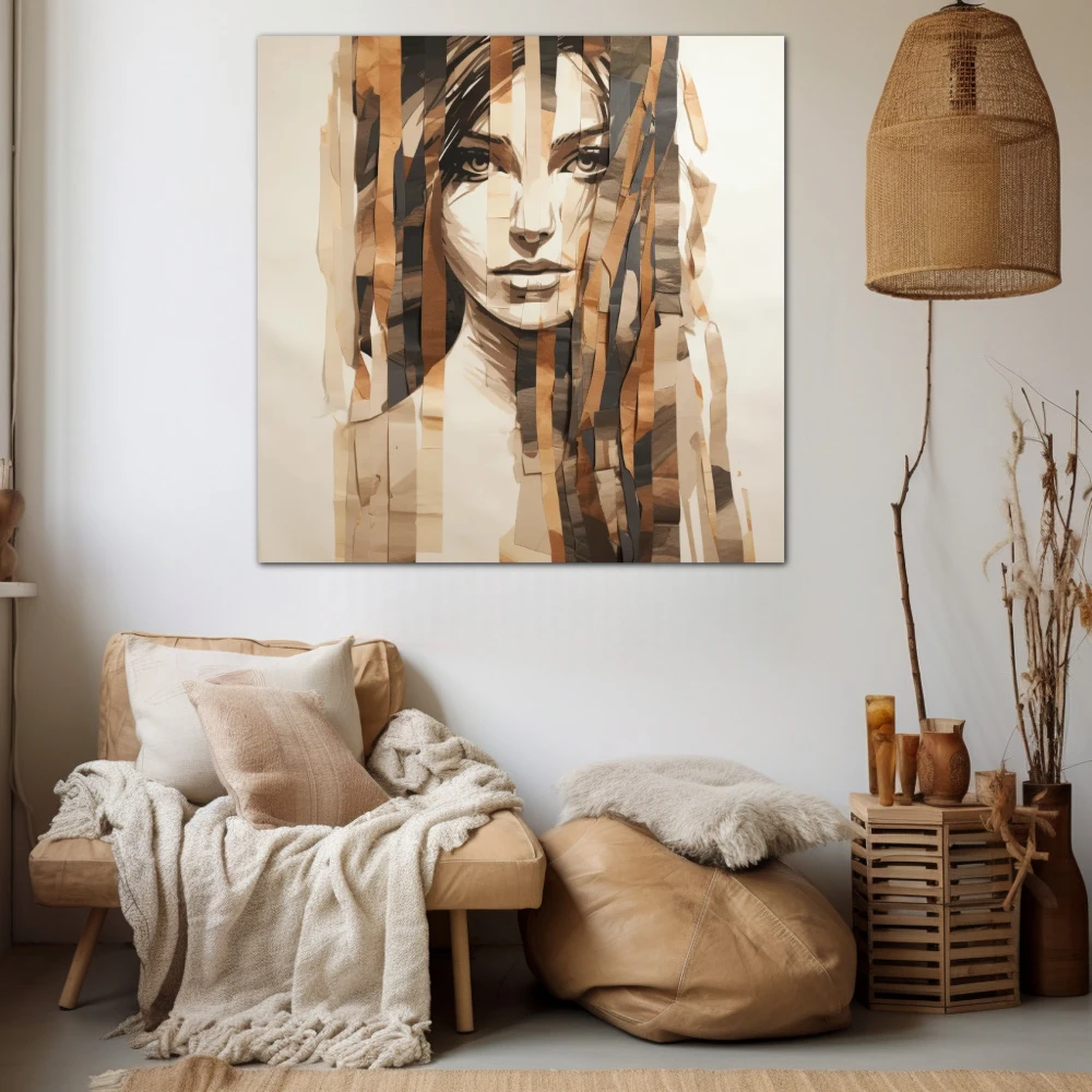 Wall Art titled: Woman's Fragments in a Square format with: Brown, and Beige Colors; Decoration the Beige Wall wall