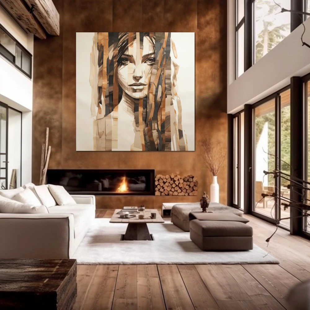 Wall Art titled: Woman's Fragments in a Square format with: Brown, and Beige Colors; Decoration the Fireplace wall