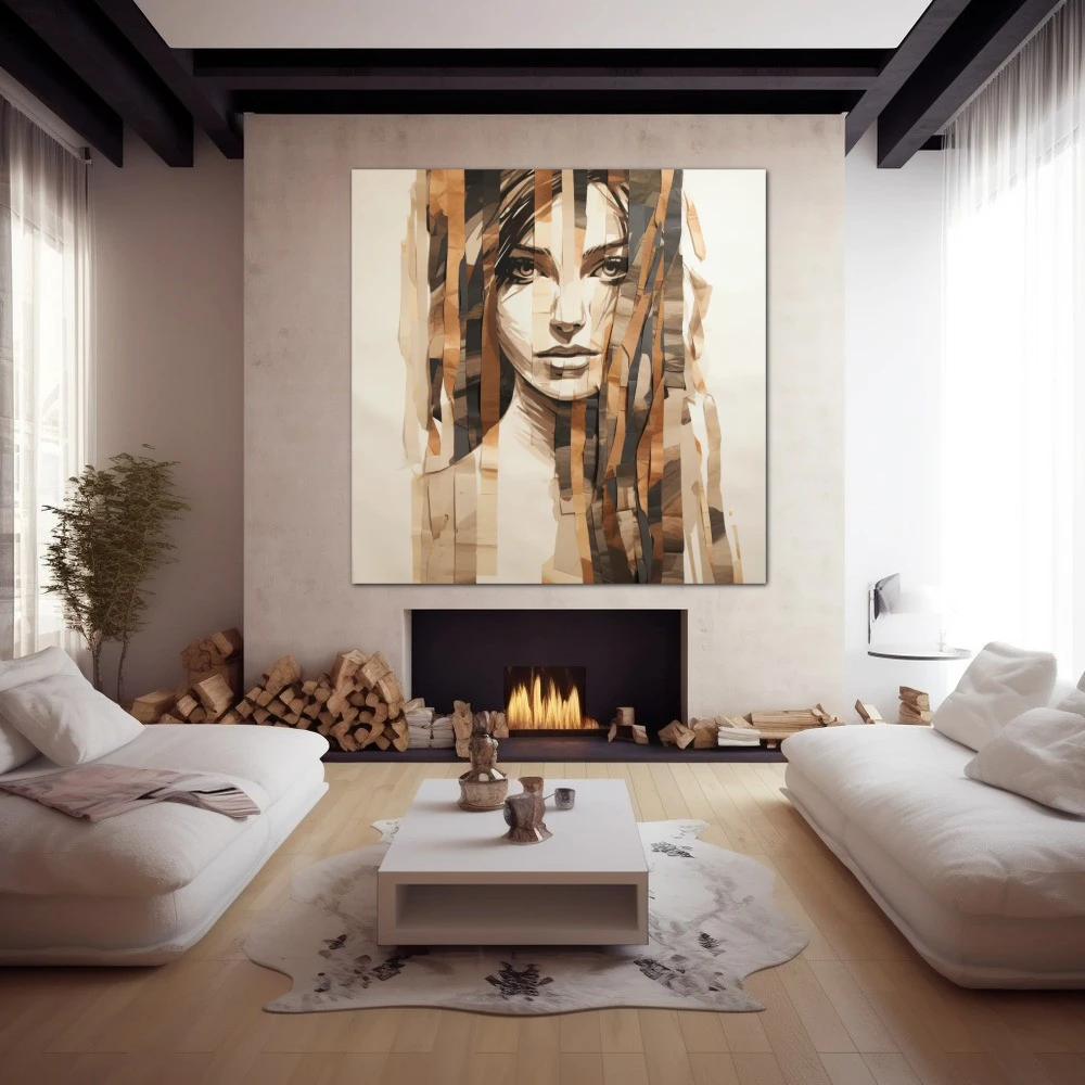 Wall Art titled: Woman's Fragments in a Square format with: Brown, and Beige Colors; Decoration the Fireplace wall