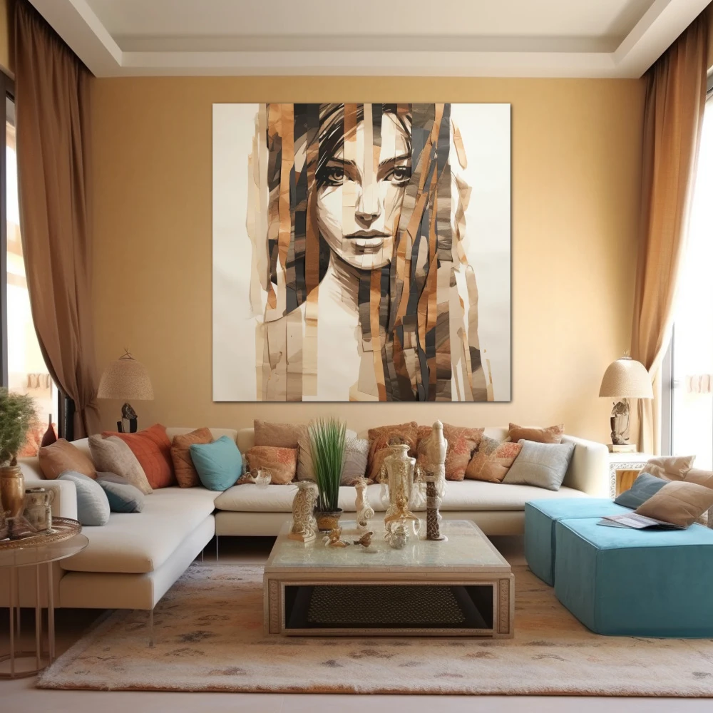 Wall Art titled: Woman's Fragments in a Square format with: Brown, and Beige Colors; Decoration the Above Couch wall