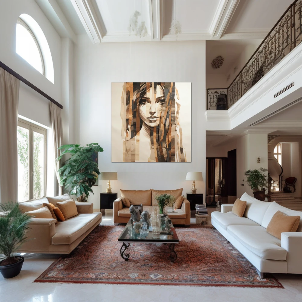 Wall Art titled: Woman's Fragments in a Square format with: Brown, and Beige Colors; Decoration the Above Couch wall