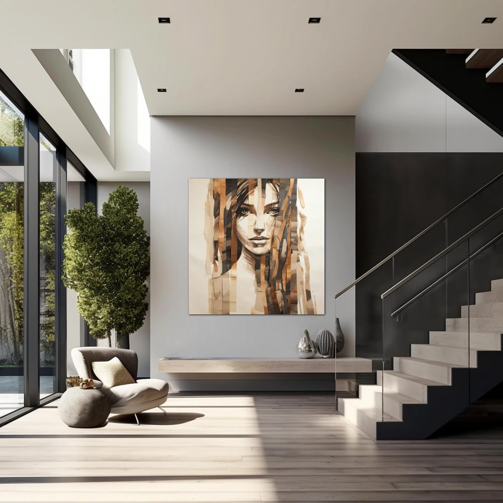 Wall Art titled: Woman's Fragments in a Square format with: Brown, and Beige Colors; Decoration the Staircase wall