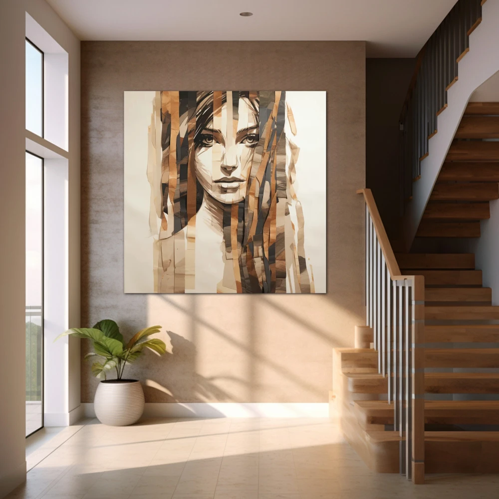 Wall Art titled: Woman's Fragments in a Square format with: Brown, and Beige Colors; Decoration the Staircase wall