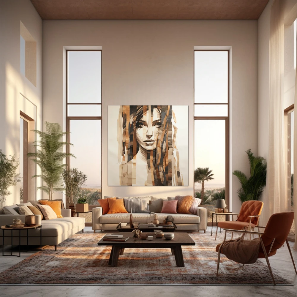 Wall Art titled: Woman's Fragments in a Square format with: Brown, and Beige Colors; Decoration the Living Room wall