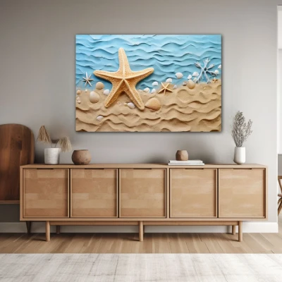 Wall Art titled: Sunrise on the Coast in a  format with: Sky blue, and Beige Colors; Decoration the Sideboard wall