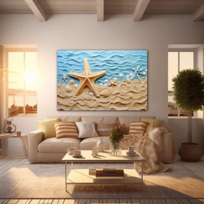 Wall Art titled: Sunrise on the Coast in a  format with: Sky blue, and Beige Colors; Decoration the Apartamento en la playa wall