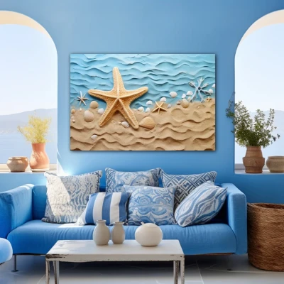 Wall Art titled: Sunrise on the Coast in a Horizontal format with: Sky blue, and Beige Colors; Decoration the Blue Wall wall