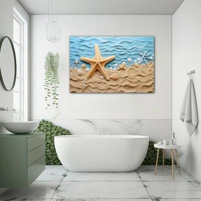 Wall Art titled: Sunrise on the Coast in a  format with: Sky blue, and Beige Colors; Decoration the Bathroom wall