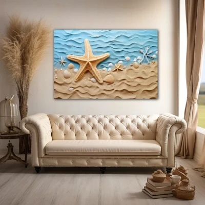 Wall Art titled: Sunrise on the Coast in a Horizontal format with: Sky blue, and Beige Colors; Decoration the Above Couch wall