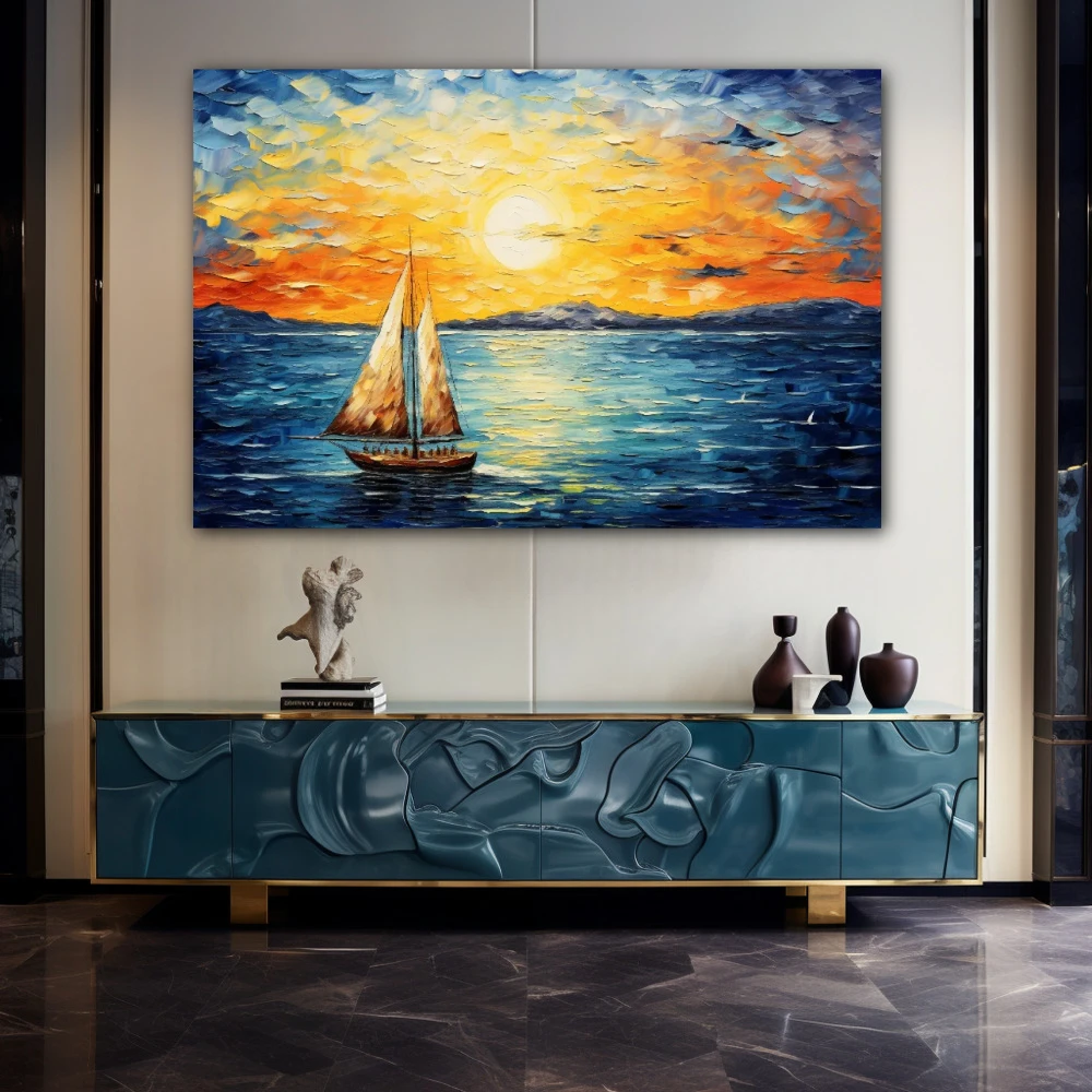 Wall Art titled: A Lot of Wind, Little Sail in a Horizontal format with: Yellow, Blue, Brown, and Navy Blue Colors; Decoration the Sideboard wall