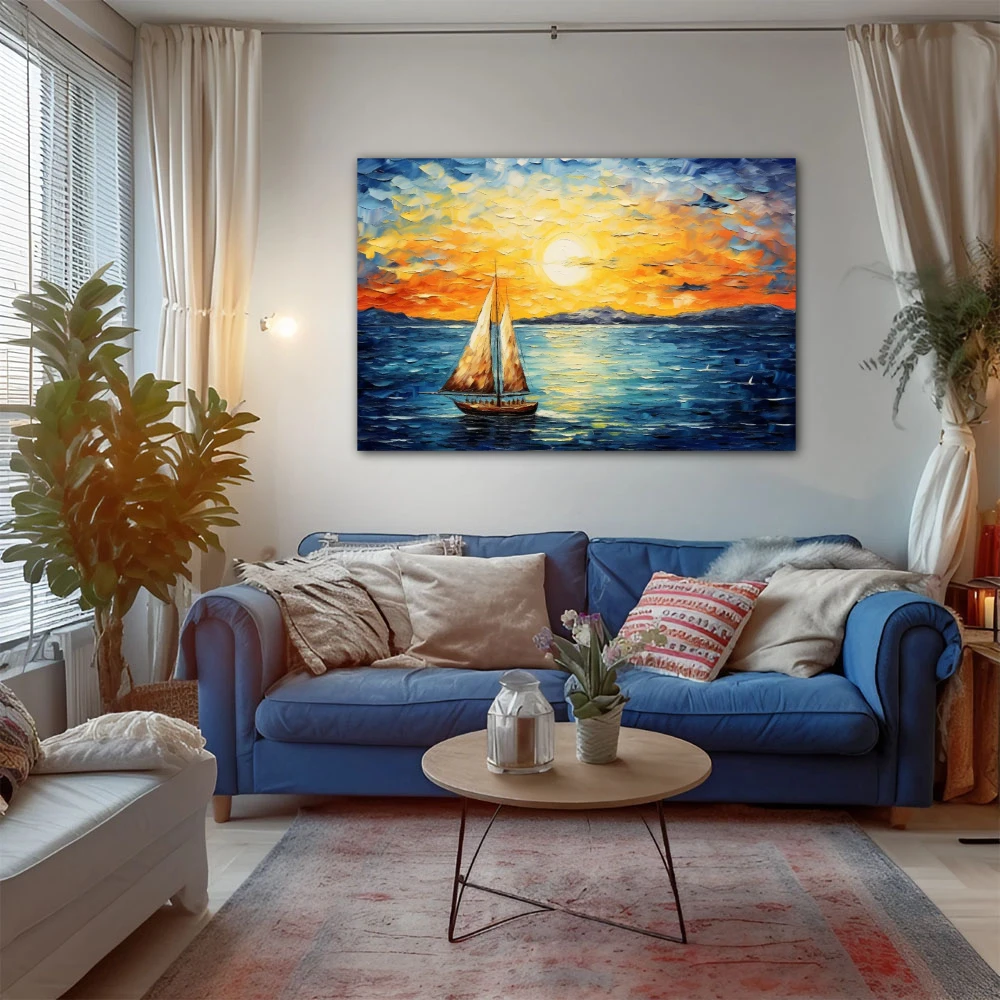 Wall Art titled: A Lot of Wind, Little Sail in a Horizontal format with: Yellow, Blue, Brown, and Navy Blue Colors; Decoration the  wall