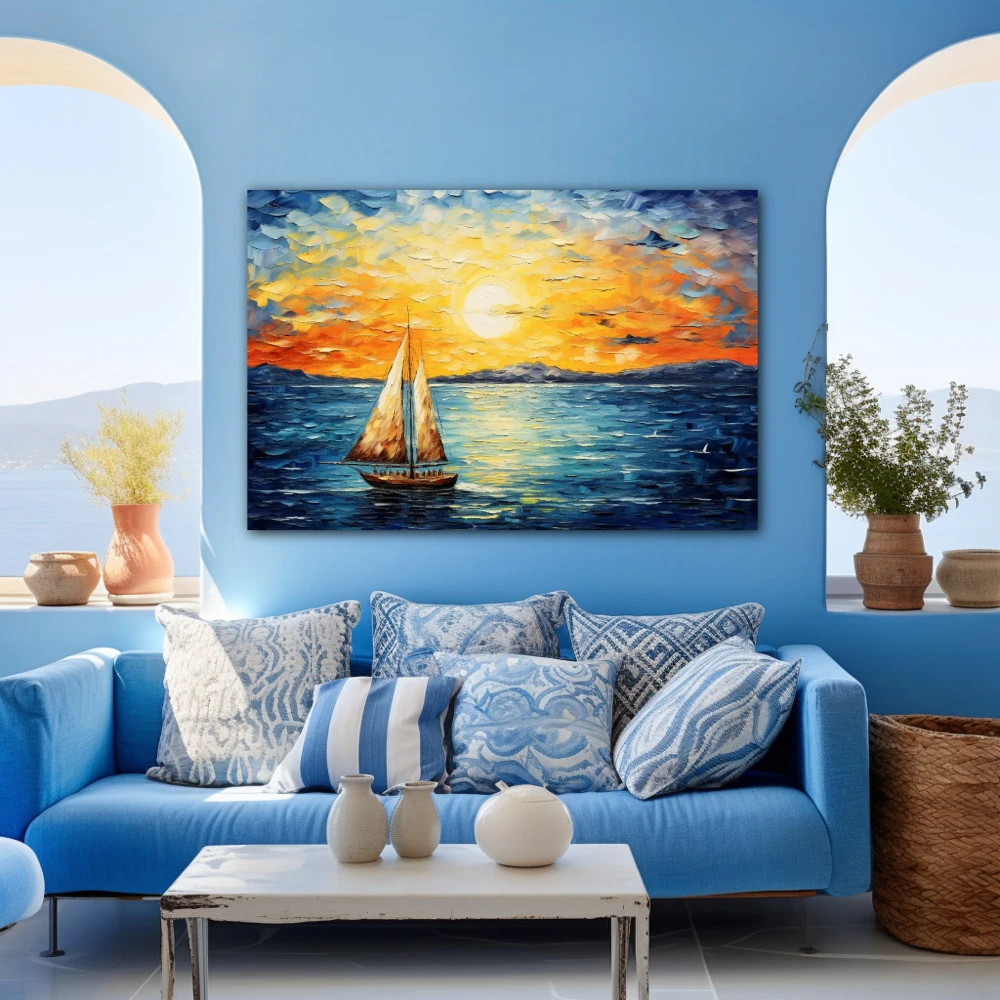 Wall Art titled: A Lot of Wind, Little Sail in a Horizontal format with: Yellow, Blue, Brown, and Navy Blue Colors; Decoration the Blue Wall wall