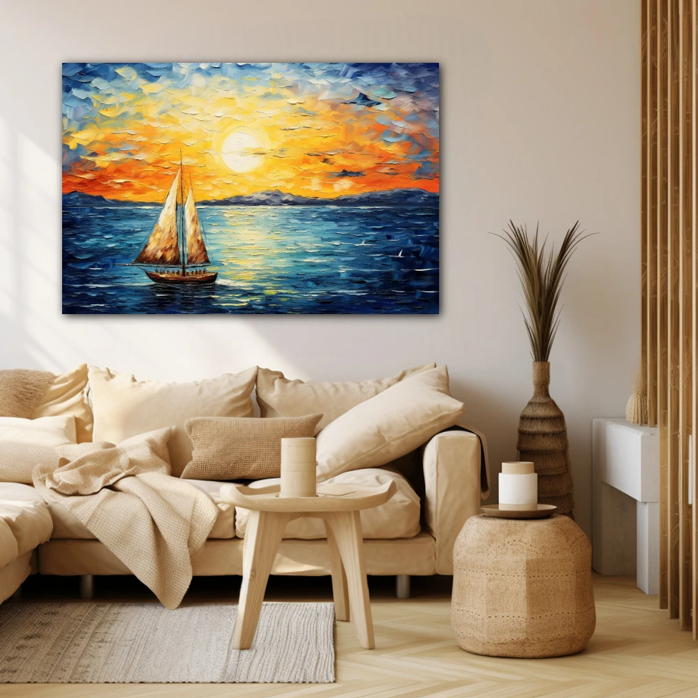 Wall Art titled: A Lot of Wind, Little Sail in a Horizontal format with: Yellow, Blue, Brown, and Navy Blue Colors; Decoration the Beige Wall wall