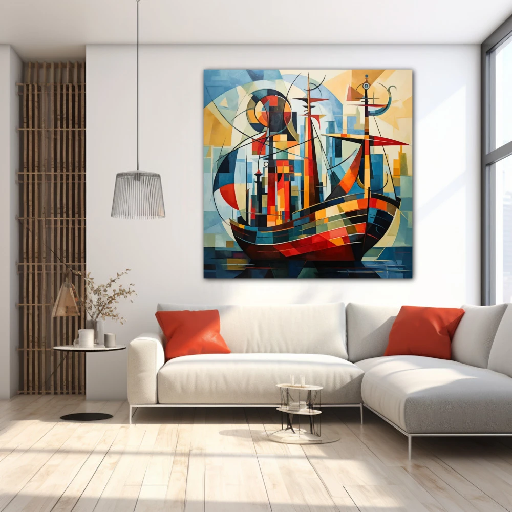 Cuadro a golpe de mar, pecho sereno en formato cuadrado con colores azul, naranja, rojo; decorando pared blanca