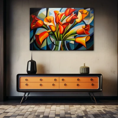 Wall Art titled: Spring Geometry in a  format with: Yellow, Orange, and Green Colors; Decoration the Sideboard wall