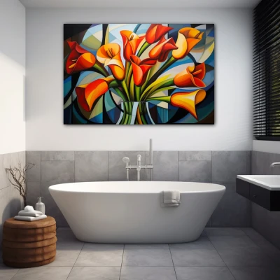 Wall Art titled: Spring Geometry in a Horizontal format with: Yellow, Orange, and Green Colors; Decoration the Bathroom wall