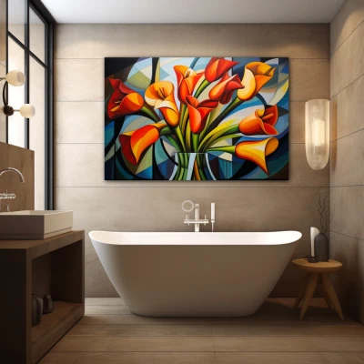 Wall Art titled: Spring Geometry in a  format with: Yellow, Orange, and Green Colors; Decoration the Bathroom wall