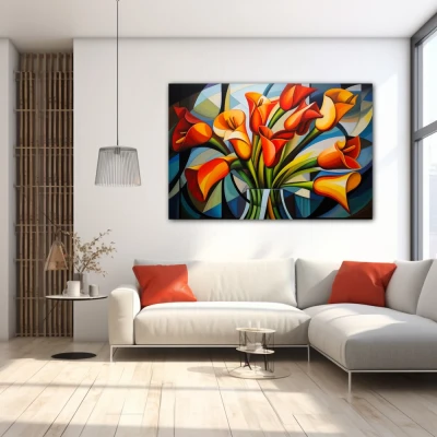 Wall Art titled: Spring Geometry in a Horizontal format with: Yellow, Orange, and Green Colors; Decoration the White Wall wall